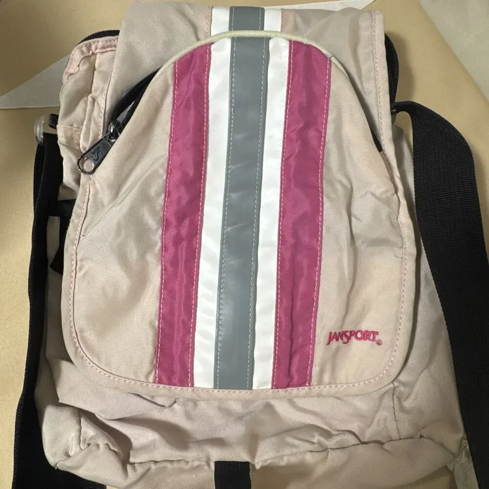 Vintage JanSport Y2K Messenger Bag Pink Striped Crossbody Sm Bag Utility 2000s
